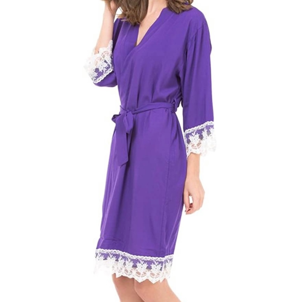 Women's Cotton Kimono Robe with Lace Trim robes- purple. NEW! - Picture 2 of 5